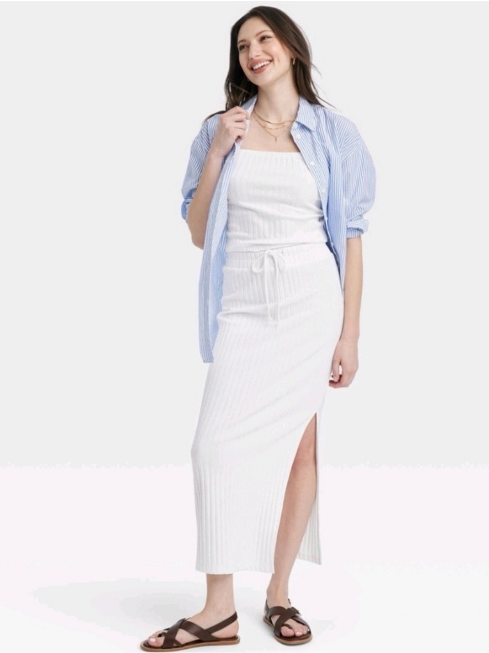 White Rib Knit Midi Skirt & Rib Knit Cami Tank Top Set - Universal Thread XS New
